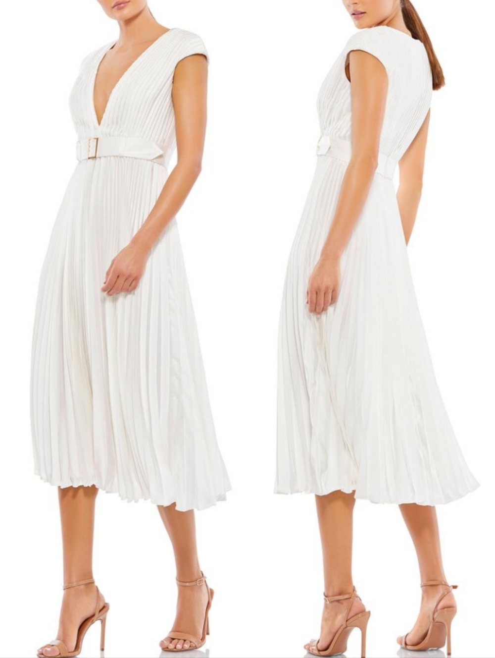 Ieena for Mac Duggal 26483 Ivory White Pleated V-Neck Belted Midi Dress 8 NWT